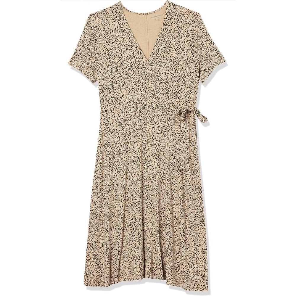 Amazon Essentials Size XL Short Sleeve Faux Wrap V Neck Animal Print Dress Brown